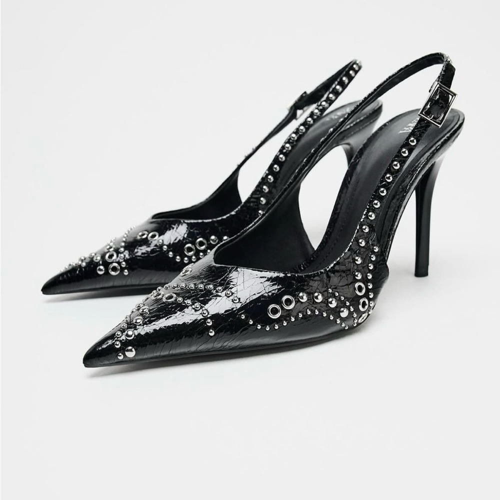 Zara Black Patent Leather Studded Slingback Pumps